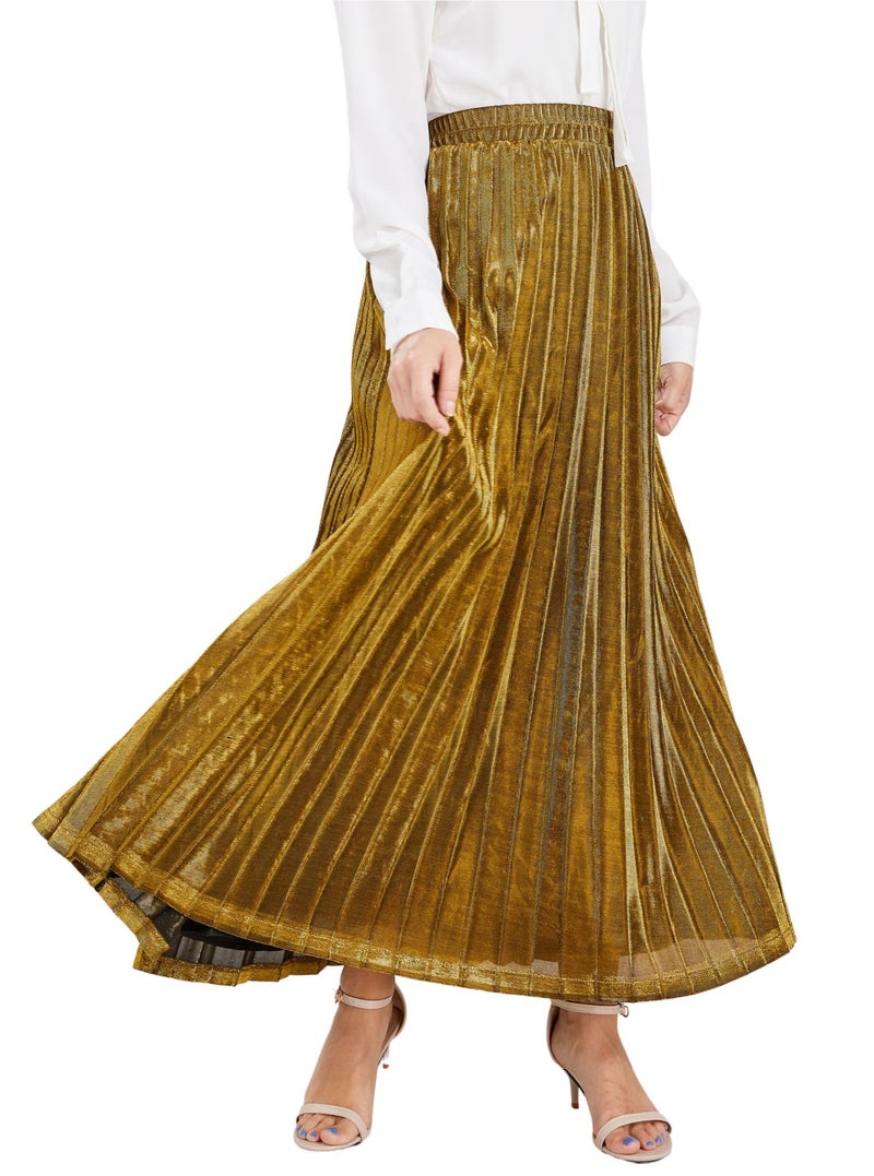 CHARTOU Women's Premium Metallic Shiny Shimmer Accordion Pleated Long Maxi Skirt (Small, Gold) - Image 1